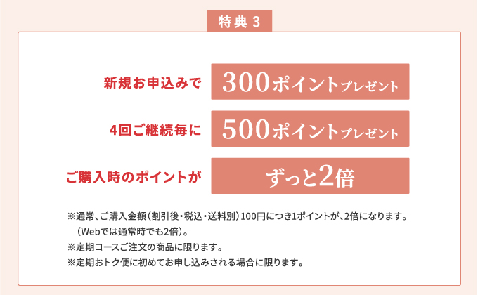 特典3 新規お申込みで300ポイントプレゼント 4回ご継続毎に500ポイントプレゼント ご購入時のポイントがずっと2倍