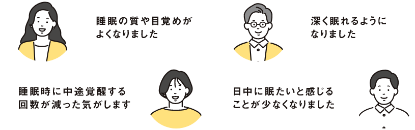 寝つきが大変よくなり、目覚めもよくなりました。身体が疲れにくくなりました。睡眠時に中途覚醒する回数が減った気がします。日中に眠たいと感じることが少なくなりました。