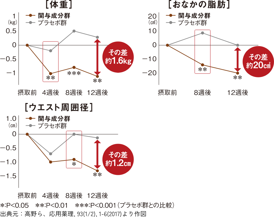 おなかの脂肪・体重・ウエスト周囲径に関する試験結果グラフ