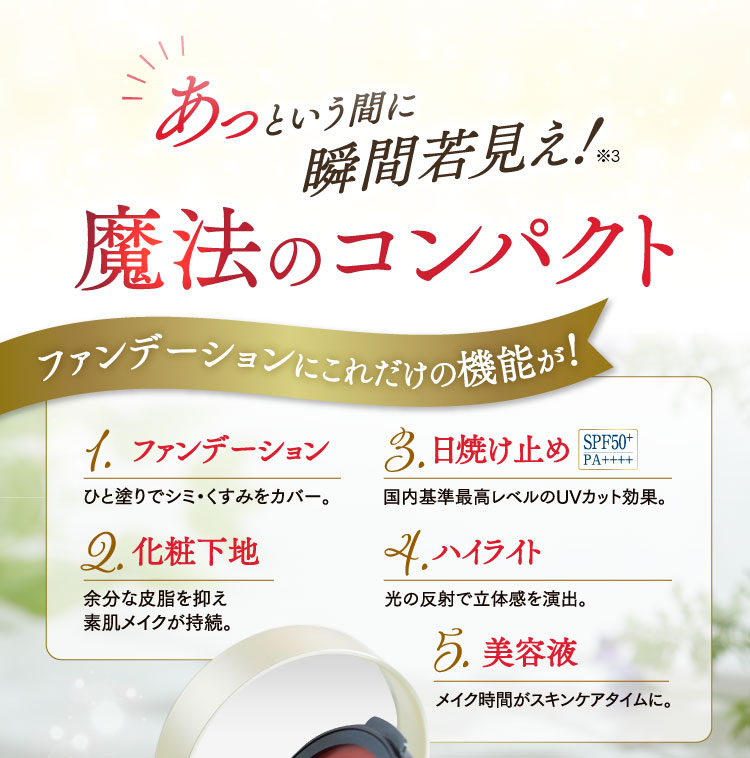 あっという間に瞬間若見え！魔法のコンパクト　ファンデーションにこれだけの機能が！1.アファンデーション　2.化粧下地　3.日焼け止め　4.ハイライト ５.美容液