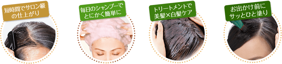 短時間でサロン級の仕上がり　毎日のシャンプーでとにかく簡単に　トリートメントで美髪×白髪ケア　お出かけ前にサッとひと塗り