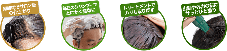 短時間でサロン級の仕上がり　毎日のシャンプーでとにかく簡単に　トリートメントで美髪×白髪ケア　お出かけ前にサッとひと塗り