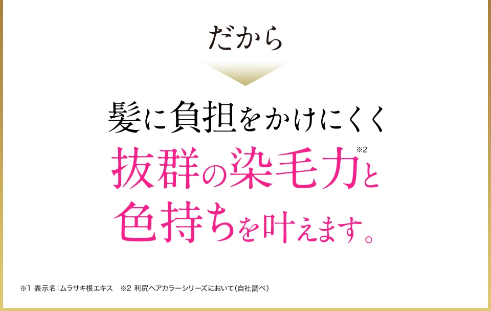 だから 髪に負担をかけにくく抜群の染毛力※2と色持ちを叶えます。 ※1 表示名：ムラサキ根エキス　※2 利尻ヘアカラーシリーズにおいて（自社調べ）