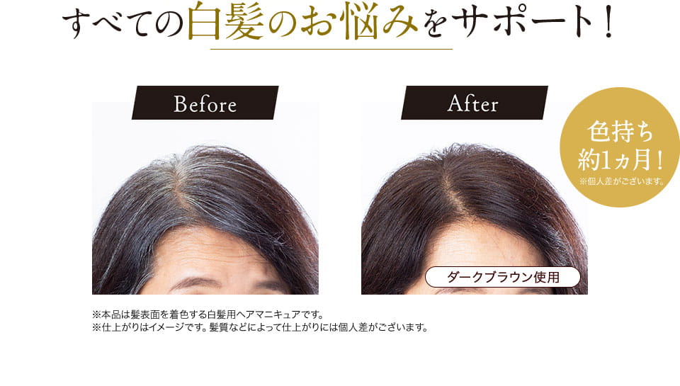 すべての白髪のお悩みをサポート！ Before After 色持ち約1ヵ月！ ※本品は髪表面を着色する白髪用ヘアマニキュアです。 ※仕上がりはイメージです。髪質などによって仕上がりには個人差がございます。