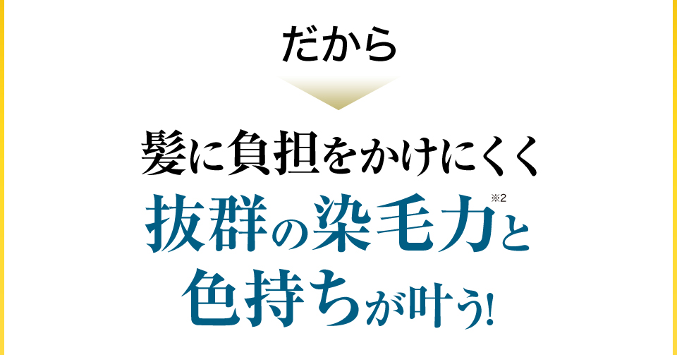 だから 髪に負担をかけにくく抜群の染毛力※2と色持ちを叶えます。 