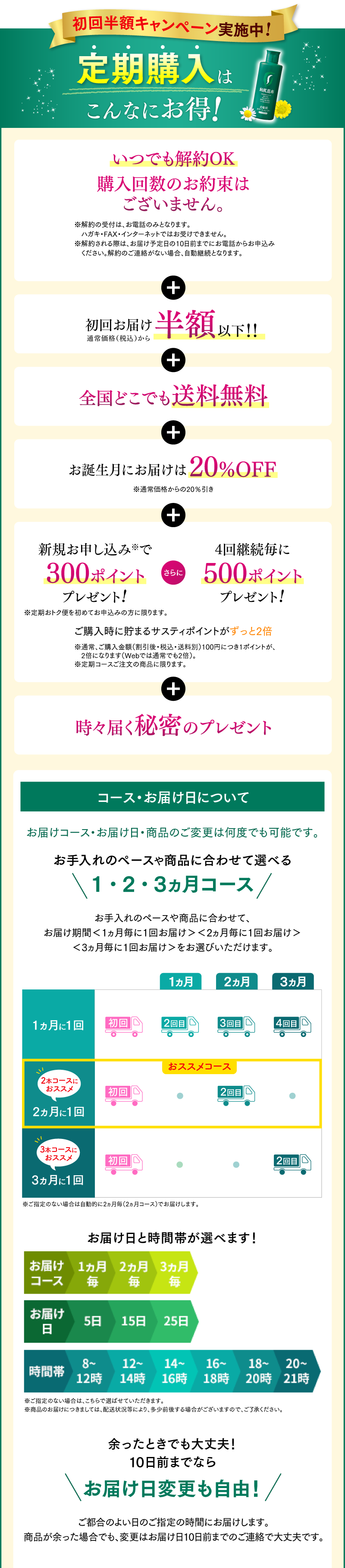 初回半額キャンペーン実施中!定期購入はこんなにお得！いつでも解約OK 購入回数のお約束はございません。 + 初回お届け半額以下！！ + 全国どこでも送料無料 + お誕生月にお届けは20%OFF + 新規お申し込みで300ポイントプレゼント! さらに 4回継続毎に500ポイントプレゼント! ご購入時に貯まるサスティポイントがずっと2倍 + 時々届く秘密のプレゼント コースお届け日について　お手入れのペースや商品に合わせて選べる1・2・3ヵ月コース　お届け日と時間帯が選べます！　余ったときでも大丈夫！10日前までならお届け日変更も自由！