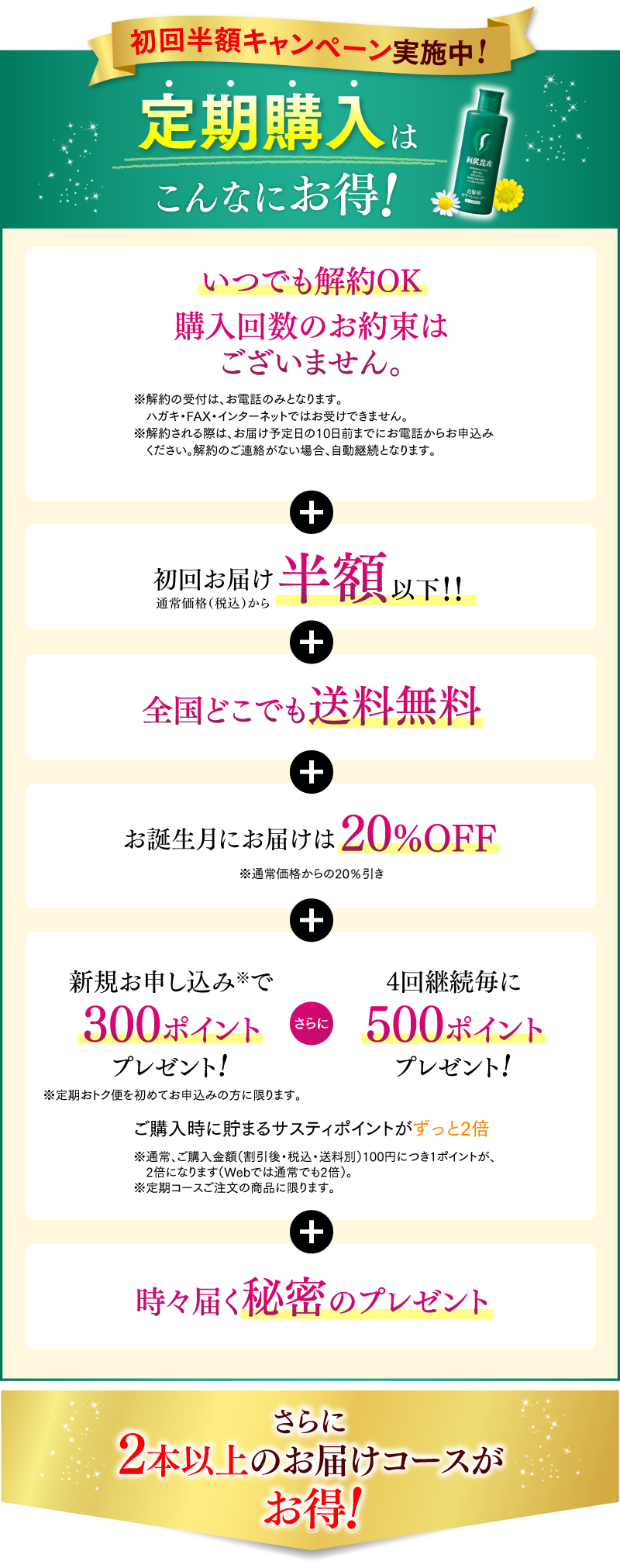 初回半額キャンペーン実施中!定期購入はこんなにお得！いつでも解約OK 購入回数のお約束はございません。 + 初回お届け半額以下！！ + 全国どこでも送料無料 + お誕生月にお届けは20%OFF + 新規お申し込みで300ポイントプレゼント! さらに 4回継続毎に500ポイントプレゼント! ご購入時に貯まるサスティポイントがずっと2倍 + 時々届く秘密のプレゼント さらに2本以上のお届けコースがお得！