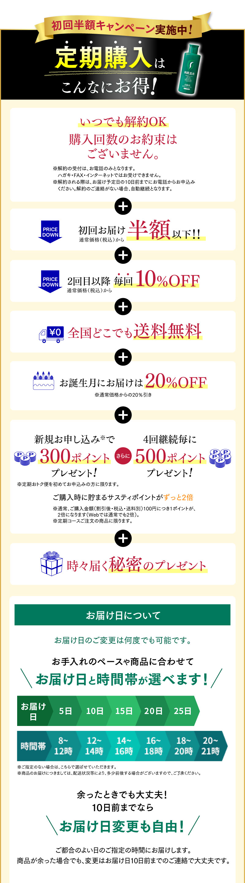 初回半額キャンペーン実施中!定期購入はこんなにお得！いつでも解約OK 購入回数のお約束はございません。 + 初回お届け半額以下！！ + 全国どこでも送料無料 + お誕生月にお届けは20%OFF + 新規お申し込みで300ポイントプレゼント! さらに 4回継続毎に500ポイントプレゼント! ご購入時に貯まるサスティポイントがずっと2倍 + 時々届く秘密のプレゼント コースお届け日について　お手入れのペースや商品に合わせて選べる1・2・3ヵ月コース　お届け日と時間帯が選べます！　余ったときでも大丈夫！10日前までならお届け日変更も自由！