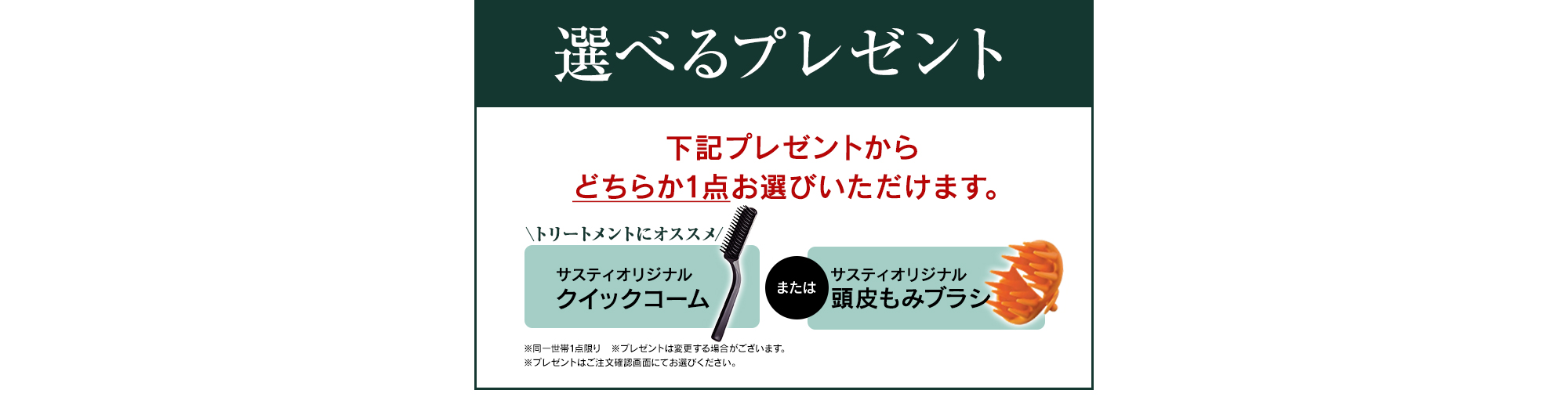 下記プレゼントからどちらか1点お選びいただけます。サスティオリジナル頭皮もみブラシまたはサスティオリジナルクイックコーム