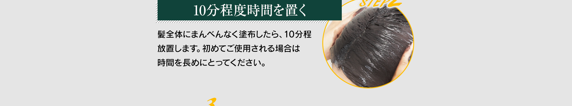 10分程度時間を置く,髪全体にまんべんなく塗布したら、10分程放置します。初めてご使用される場合は時間を長めにとってください。