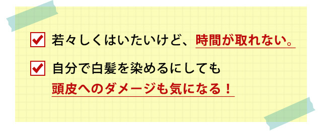 若々しくはいたいけど、時間が取れない。自分で白髪を染めるにしても 頭皮へのダメージも気になる!
