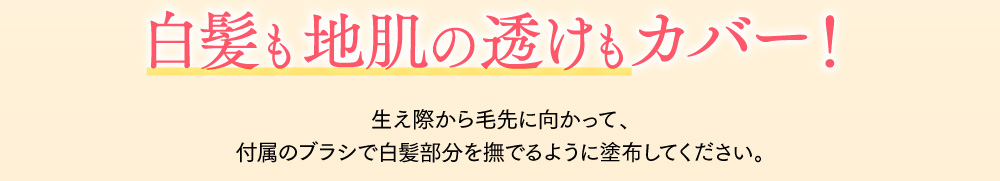 白髪も地肌の透けもカバー！生え際から毛先に向かって、付属のブラシで白髪部分を撫でるように塗布してください。