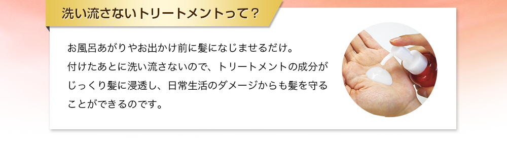 【洗い流さないトリートメントって？】お風呂あがりやお出かけ前に髪になじませるだけ。付けたあとに洗い流さないので、トリートメントの成分がじっくり髪に浸透し、日常生活のダメージからも髪を守ることができるのです。