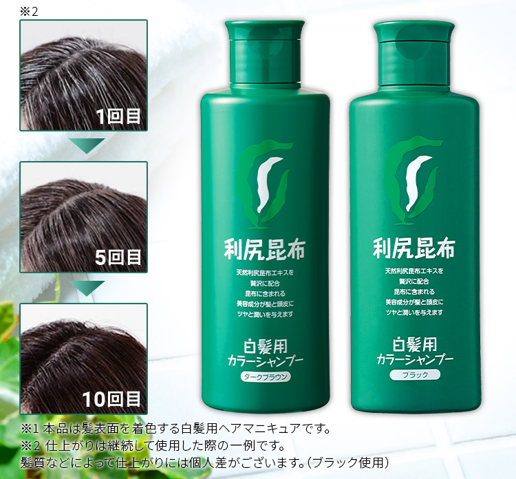 ※2 1回目 5回目 10回目 ※1本品は髪表面を着色する白髪用ヘアマニキュアです。 ※2仕上がりは継続して使用した際の一例です。 髪質などによって仕上がりには個人差がございます。(ブラック使用) 
