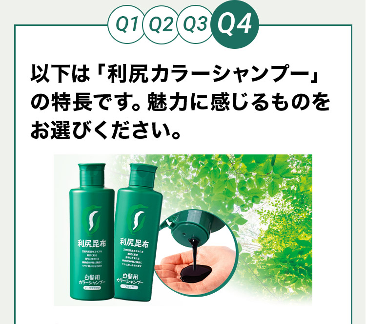 Q4 以下は「利尻カラーシャンプー」の特長です。魅力に感じるものをお選びください。