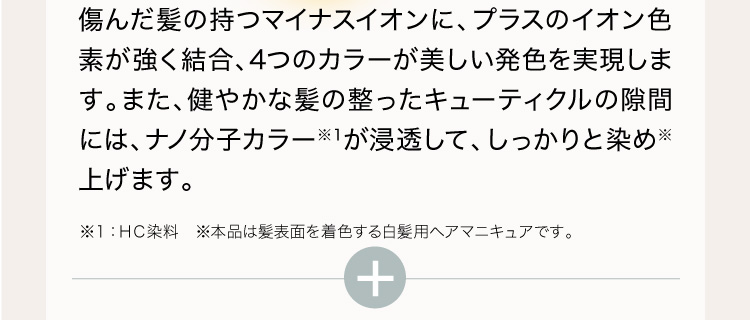 傷んだ髪の持つマイナスイオンに、プラスのイオン色素が強く結合、4つのカラーが美しい発色を実現します。また、健やかな髪の整ったキューティクルの隙間には、ナノ分子カラー※１が浸透して、しっかりと染め※上げます。