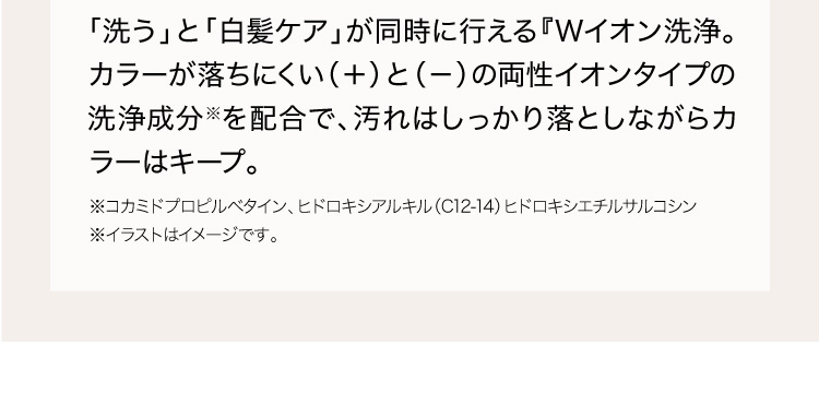 「洗う」と「白髪ケア」が同時に行える『Wイオン洗浄。カラーが落ちにくい（＋）と（－）の両性イオンタイプの洗浄成分※を配合で、汚れはしっかり落としながらカラーはキープ。