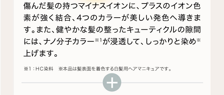 傷んだ髪の持つマイナスイオンに、プラスのイオン色素が強く結合、4つのカラーが美しい発色を実現します。また、健やかな髪の整ったキューティクルの隙間には、ナノ分子カラー※１が浸透して、しっかりと染め※上げます。