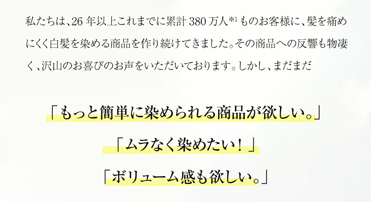 「もっと簡単に染められる商品が欲しい。」「ムラなく染めたい！」
「ボリューム感も欲しい。」 「養毛したい！」