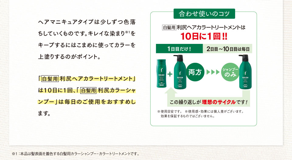 ［白髪用］利尻ヘアカラートリートメントは、10日に1回、［白髪用］利尻カラーシャンプーは、毎日のご使用をおすすめします。