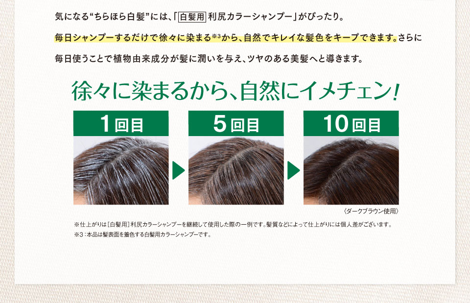 気になるちらほら白髪には、［白髪用］利尻ヘアカラーシャンプーがぴったり。毎日シャンプーするだけで徐々に白髪が染まるから、自然でキレイな髪色をキープできます。